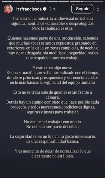 La popular actriz publicó varios mensajes en los que demuestra la importancia de garantizar la seguridad de los trabajadores sin pensar en presupuestos - crédito Francisca Estévez / Instagram