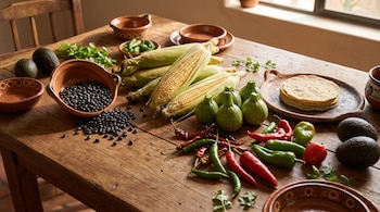 Mesa de madera con mazorcas de maíz, frijoles negros, calabacitas, chiles, un montón de tortillas y recipientes de barro.