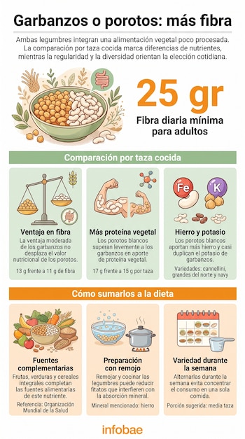 Infografía comparativa entre garbanzos y porotos blancos con ilustraciones de legumbres, recipientes de cocina y datos nutricionales.