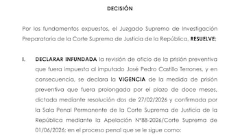 Fragmento de un documento judicial con el encabezado Decisión que detalla una resolución sobre la prisión preventiva de José Pedro Castillo Terrones