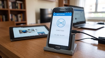 Teléfono móvil en un soporte con texto de repetidor wifi en pantalla, junto a una tableta y una computadora sobre una mesa de madera.