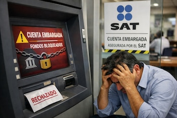 Cajero automático con mensaje 'Cuenta Embargada Fondos Bloqueados', recibo 'Rechazado', hombre con manos en la cabeza y cartel del SAT que informa sobre cuenta embargada.