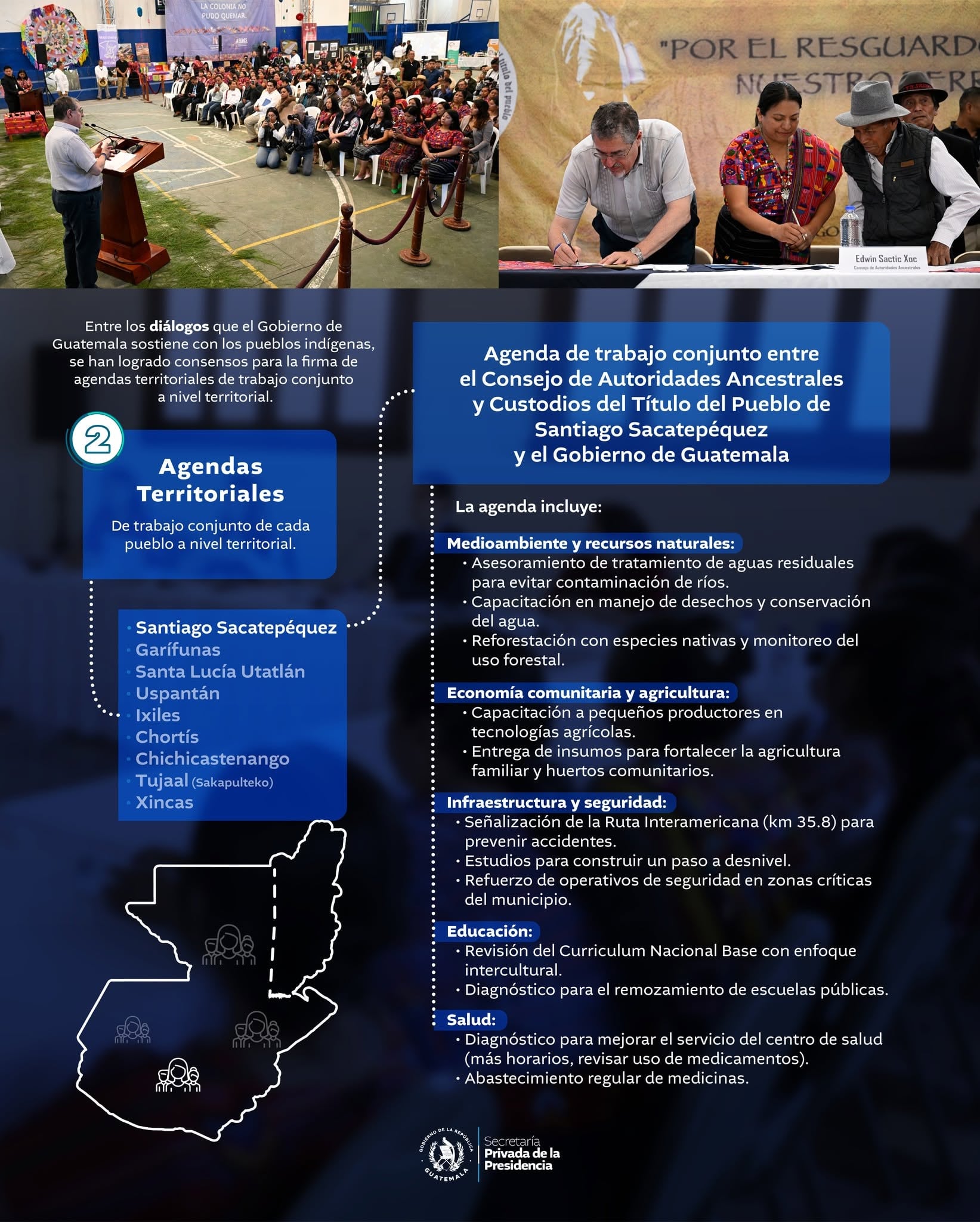 Una infografía detalla los acuerdos entre el Gobierno de Guatemala y autoridades ancestrales indígenas, mostrando imágenes de la firma de las agendas territoriales de Santiago Sacatepéquez. (Secretaría Privada de la Presidencia de Guatemala)