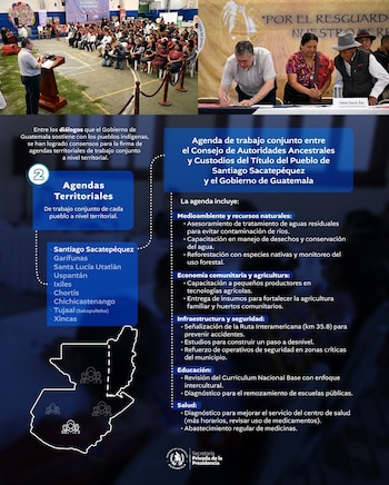 Un hombre en podio ante público, tres personas firmando documentos, infografía detallando agenda de trabajo y mapa político de Guatemala