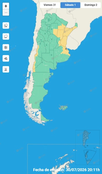 Mapa de Argentina con áreas coloreadas en verde y amarillo, botones de zoom, pestañas para días, iconos de clima, fecha de emisión y un mapa insertado