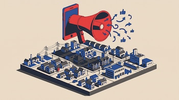 Maqueta de una ciudad en tonos azules y grises bajo un teléfono celular rojo con megáfono que emite flechas y símbolos de me gusta.