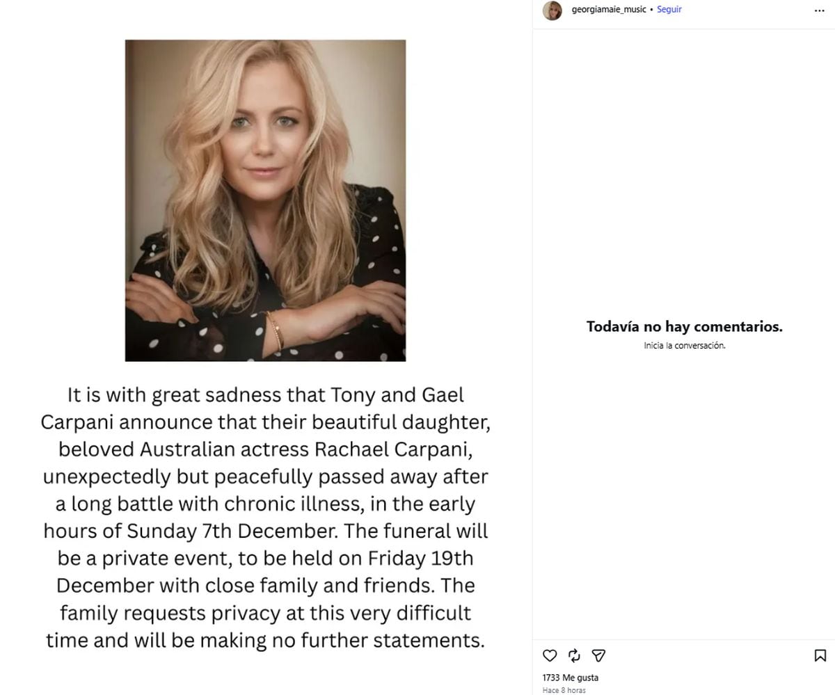 La familia de la actriz australiana confirmó su fallecimiento mediante un comunicado publicado en redes sociales (Instagram/@georgiamaie_music)