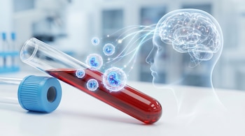 Tubo de ensayo con sangre y células flotantes, conectado por luces a una silueta de cabeza humana con cerebro transparente, sobre fondo de laboratorio.