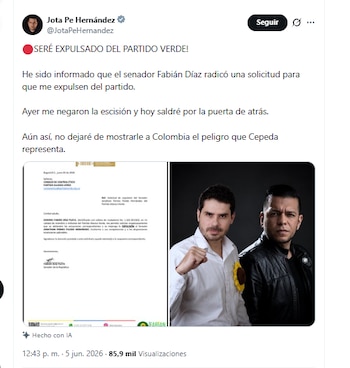 El congresista Jota Pe Hernández reveló que será expulsado del partido Alianza Verde - crédito @JotaPeHernandez/X