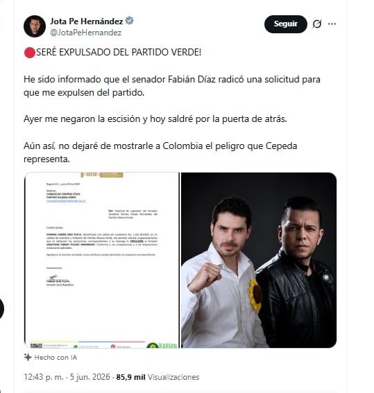 El congresista Jota Pe Hernández reveló que será expulsado del partido Alianza Verde - crédito @JotaPeHernandez/X