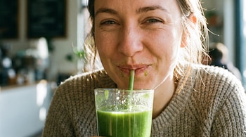 Primer plano de una mujer bebiendo jugo verde con una pajita. La mujer tiene una sonrisa y restos de jugo en los labios. Viste un suéter tejido.