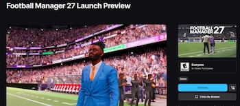Página de una tienda digital con imágenes del videojuego Football Manager, un entrenador virtual en la cancha y botones para obtener la versión de prueba