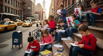 Niños sentados en escaleras de edificio. Algunos dibujan y escriben. Tienen dibujos de Spider-Man, papeles, lápices. Un buzón de correos, taxis y autobuses en la calle.
