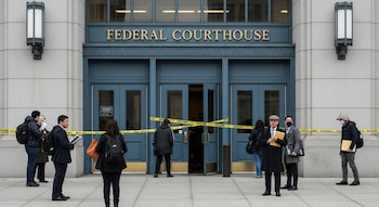 Vista frontal de un Tribunal Federal en San Francisco con sus puertas principales azules cerradas y cinta de advertencia amarilla. Hay varias personas fuera.
