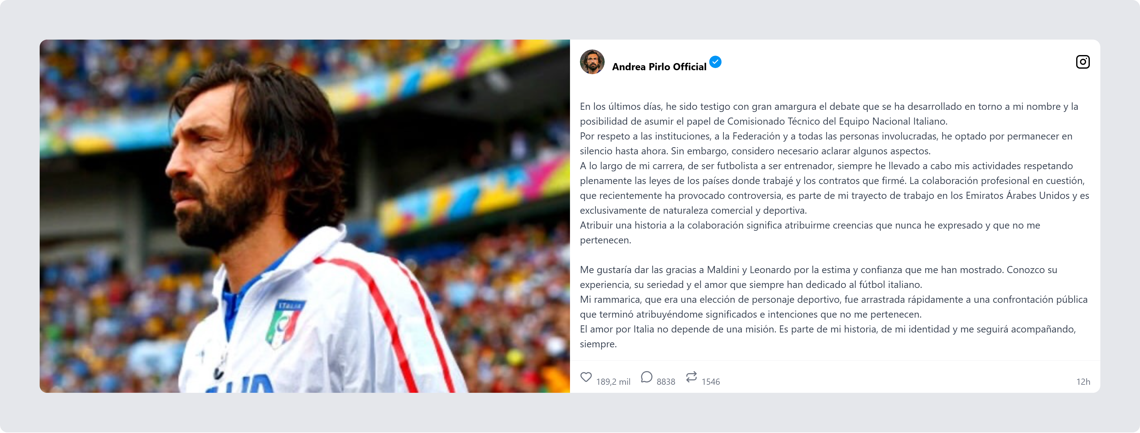 Andrea Pirlo, exfutbolista italiano, emitió un comunicado en sus redes