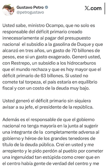 Petro atribuye al subsidio a los combustibles un gasto de $70 billones y lo considera clave en el desbalance fiscal nacional - crédito @petrogustavo/X