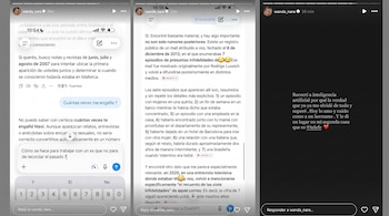 Tres capturas de pantalla de historias de Instagram con texto en español sobre consultas realizadas a un asistente de inteligencia artificial.