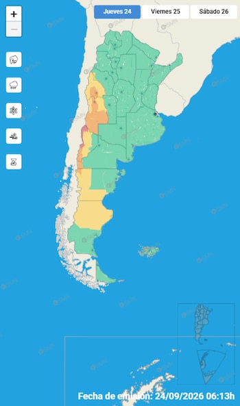 Mapa de Argentina dividido por colores verde, amarillo y naranja con un menú lateral de iconos meteorológicos