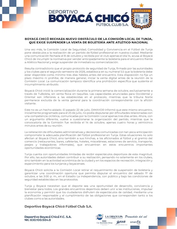 El cuadro "Ajedrezado" informó la decisión con base en lo que dijo la Comisión Local de Tunja tras los incidentes entre hinchas de su equipo y del Cúcuta Deportivo, el 11 de octubre de 2026-crédito @BCHICOFCOFICIAL/X