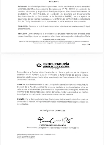 Benedetti y Rodríguez deberán ser notificados de la decisión y tienen derecho a rendir su versión sobre los hechos, de manera verbal o escrita, durante el desarrollo de la investigación - crédito Procurduría General de la Nación
