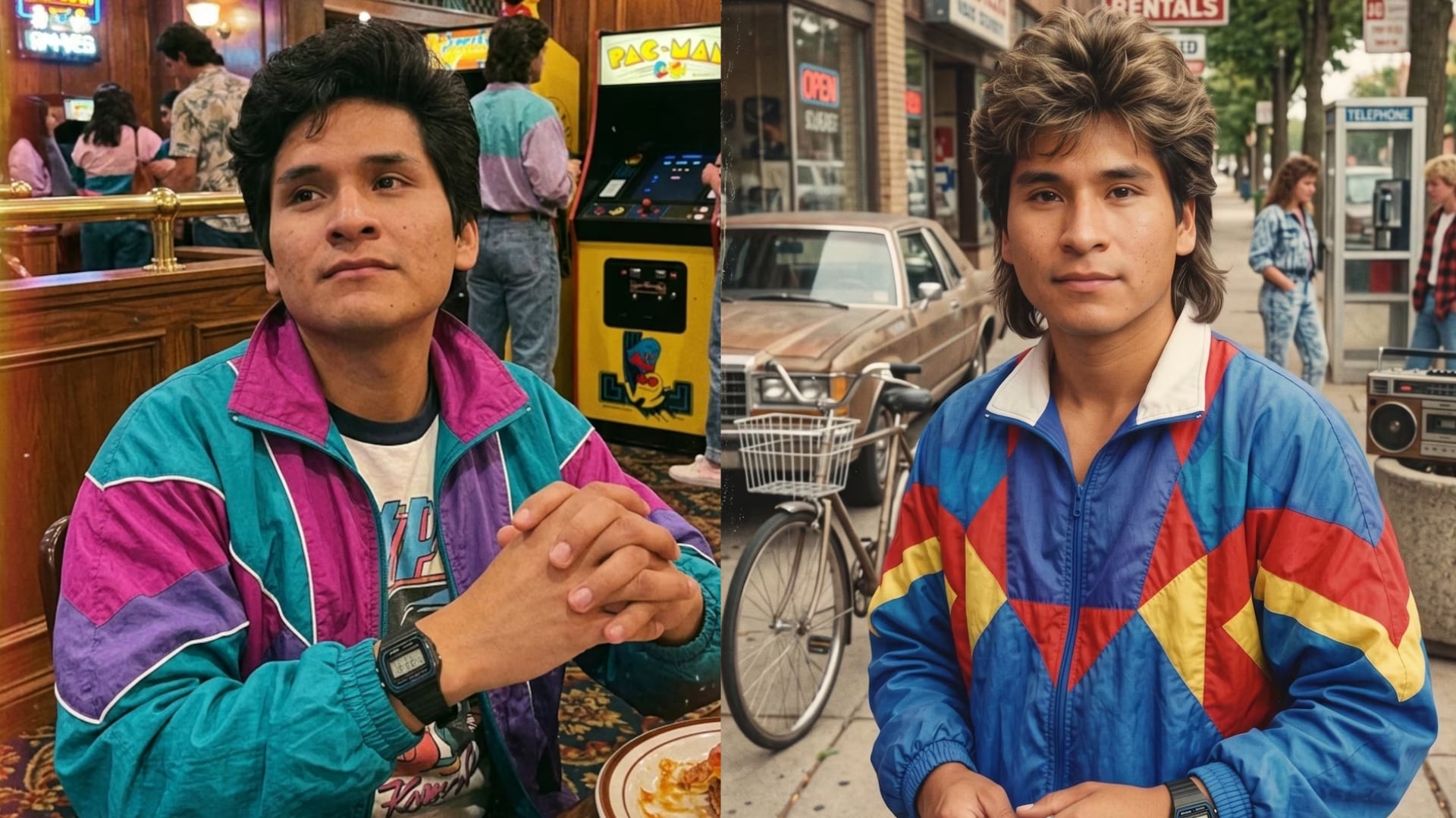 La imagen muestra a un joven en un café de la década del 80 con vestimenta vintage.
(Composición Infobae: ChatGPT / Gemini)