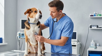 Un veterinario con uniforme azul revisa a un perro de raza mediana, sentado en una mesa de exploración, usando un estetoscopio en el pecho del animal.