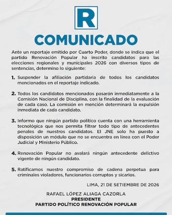 Comunicado impreso del partido Renovación Popular con el logotipo de la letra R en la parte superior y texto dividido en cinco puntos