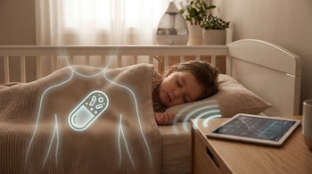 Niña durmiendo plácidamente en una cuna. Una visualización digital de una cápsula médica en su torso envía señales a una tableta con datos de salud en la mesita de noche.