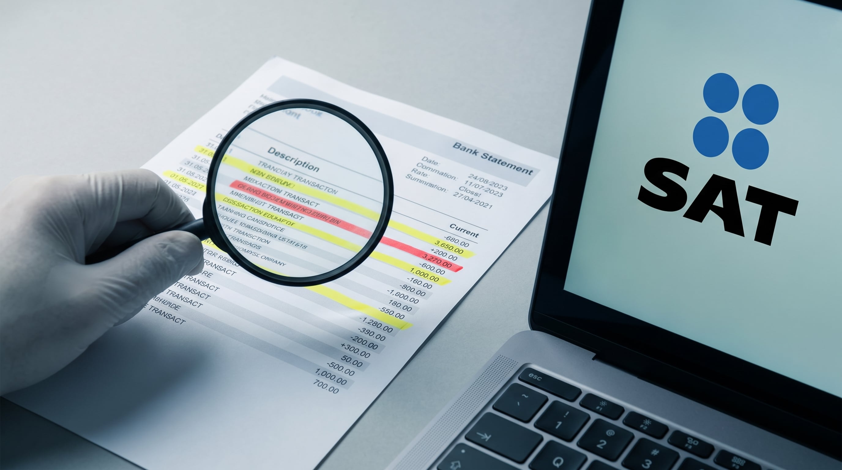 Una mano con lupa examina un extracto bancario con transacciones resaltadas, mientras una laptop muestra el logo del SAT, simbolizando la rigurosa revisión fiscal de movimientos financieros. (Imagen Ilustrativa Infobae)