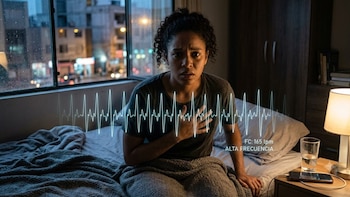 Mujer sentada en la cama con una mano en el pecho, con gráfico digital de frecuencia cardíaca, un teléfono, un vaso de agua y una lámpara de noche