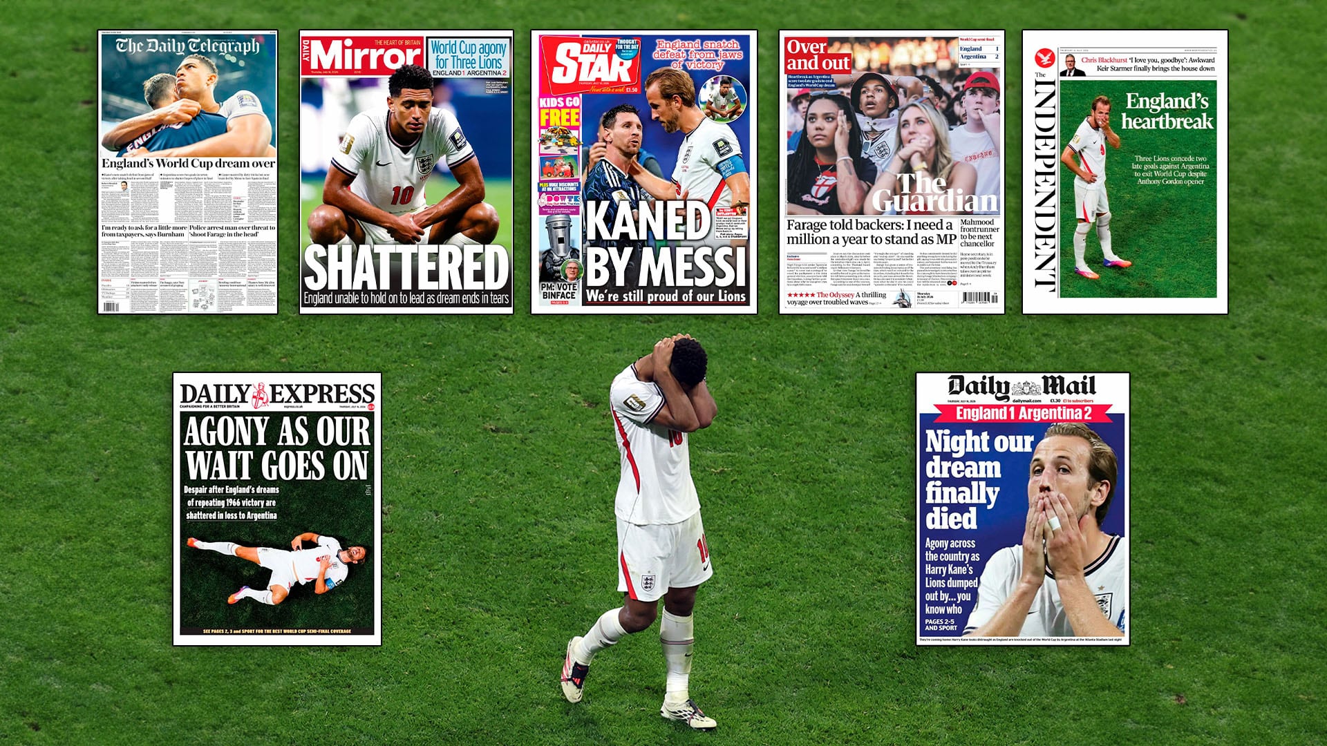 Las tapas de los diarios ingleses tras la eliminación del Mundial ante Argentina: “Jugadas sucias”, “Destrozados” y “Derrotados por Messi”