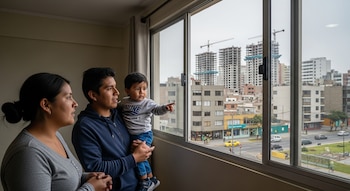 Una familia peruana mira por una ventana grande que da a una ciudad con edificios, grúas de construcción, calles con tráfico y un cielo gris.