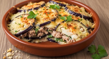 Primer plano de un pastel de berenjena y atún gratinado en una fuente de barro, cubierto con queso fundido, rodajas de berenjena, pimentón y perejil fresco.