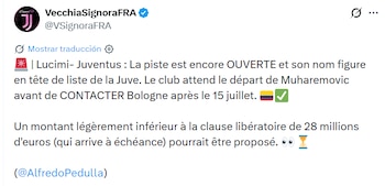 El posible vínculo de Jhon Lucumi con la Juventus de Italia, de acuerdo con el periodista de ese país Alfredo Pedulia - crédito @VecchiaSignoraFRA/X