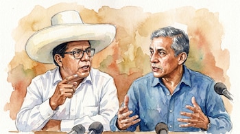 Ilustración en acuarela de Roberto Sánchez (sombrero blanco, gafas) y Antauro Humala, dialogando con micrófonos sobre una mesa. Fondo abstracto.
