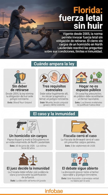 Infografía sobre la ley de defensa propia en Florida con una ilustración superior de dos hombres en un estacionamiento y seis recuadros explicativos.