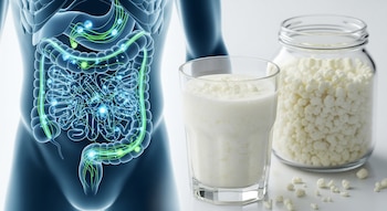 Vaso de kéfir de leche y frasco de granos de kéfir en primer plano. Detrás, silueta transparente de un torso con el tracto intestinal iluminado.