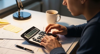 Vista de cerca de una persona usando ambas manos para operar una calculadora en un escritorio. Hay documentos, un bolígrafo y una taza de café.