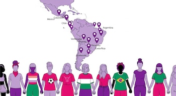 Ilustración de mapa de América Latina en tonos púrpura con pines que señalan países, y debajo, una fila de mujeres diversas tomadas de la mano.