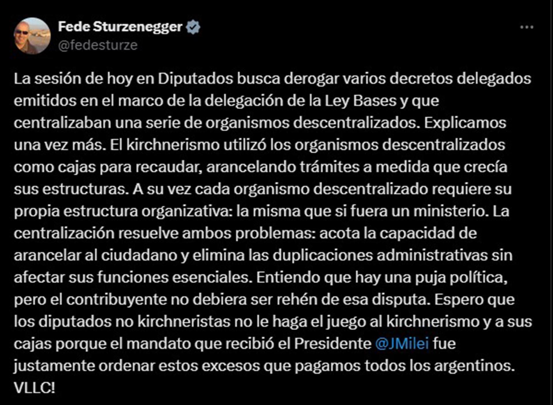 Federico Sturzenegger criticó la sesión de diputados estipulada para hoy.