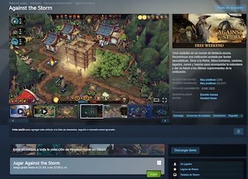 Pantalla de ordenador que muestra el videojuego Against the Storm con su interfaz, edificios de un asentamiento en un bosque, árboles y elementos del juego