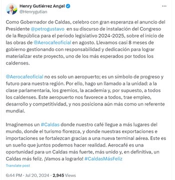 El gobernador de Caldas celebró