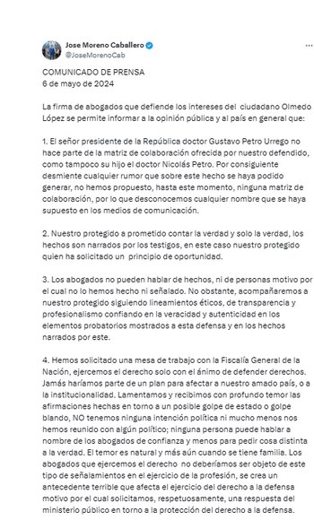 Comunicado del abogado de Olmedo