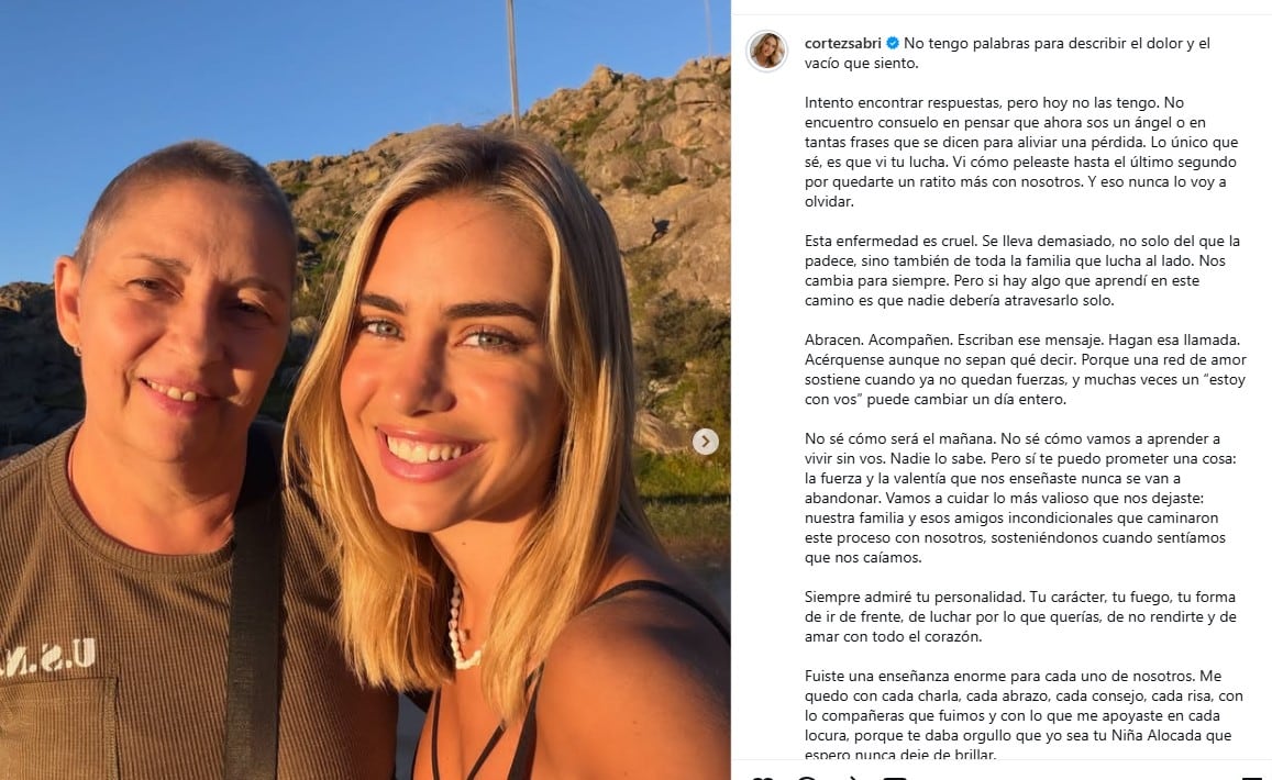 Sabrina Cortez despidió a su mamá luego de fallecer tras una larga enfermedad (Instagram)