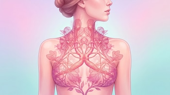 Ilustración del torso y cuello de una mujer con ramificaciones rosa con formas de hojas sobre la piel y un fondo pastel de tonos azul y rosa.