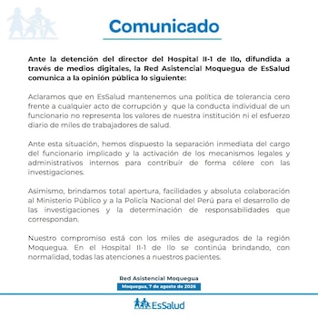 Documento oficial con el título Comunicado, el logo de EsSalud, texto sobre la separación de un director de hospital y la fecha 7 de agosto de 2026