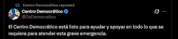 El Centro Democrático anunció que apoyará los programas oficiales ante el sismo y pidió superar las diferencias políticas por la emergencia - crédito @CeDemocratico / X