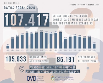 Infografía con un gráfico de barras mostrando datos de violencia doméstica de 2008 a 2026, con el total de 107.417 situaciones afectadas