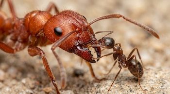 Macroimagen de una hormiga cortadora de semillas roja con mandíbulas abiertas, mientras una hormiga cono más pequeña y oscura limpia su cabeza y mandíbulas.
