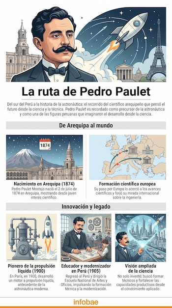 Ilustración de Pedro Paulet junto a monumentos, un cohete en lanzamiento, mapas de Perú y Europa, y texto explicativo sobre su trayectoria científica.